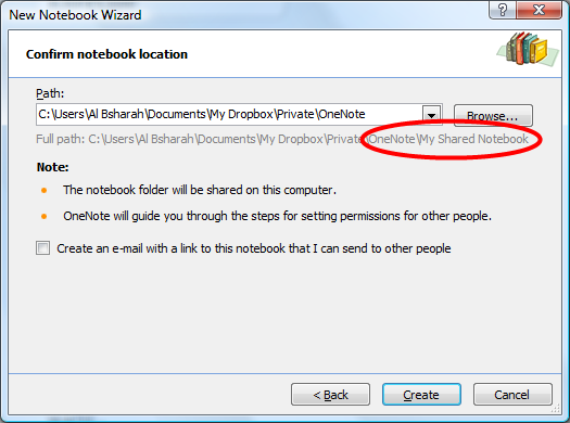 OneNote Dropbox Set Folder Location